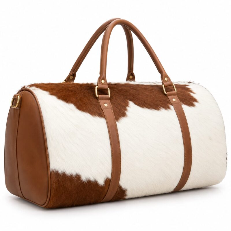 One-of-One brown and white cowhide travel bag